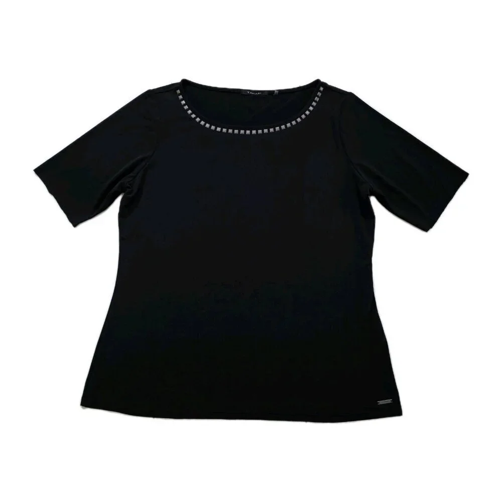 Tahari Top Womens L Black SS Studs Stretch Whimsigoth Office Mature Logo Capsule - Picture 8 of 16